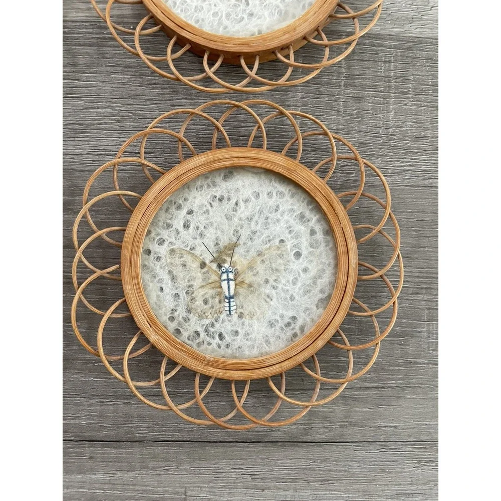 Vintage Pressed Butterfly Coasters Wicker Bamboo Boho Set Of 4‎